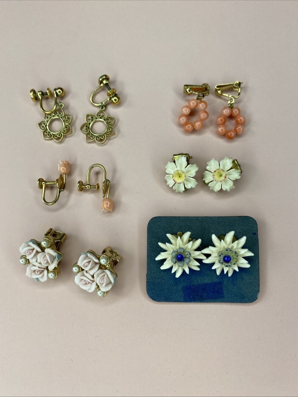 Vintage MCM Metal Enamel Floral Earrings Cluster Clip On Screwback LOT of 6‎